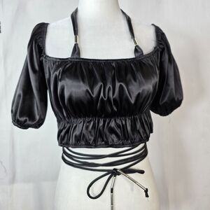 Maniere De Voir whimsical goth Satin Cropped Top with criss cross waist tie